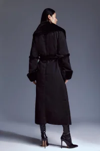 faux shearling collar & cuff tie belt maxi coat