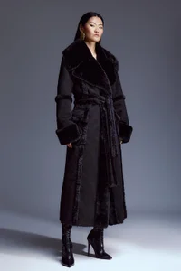 faux shearling collar & cuff tie belt maxi coat